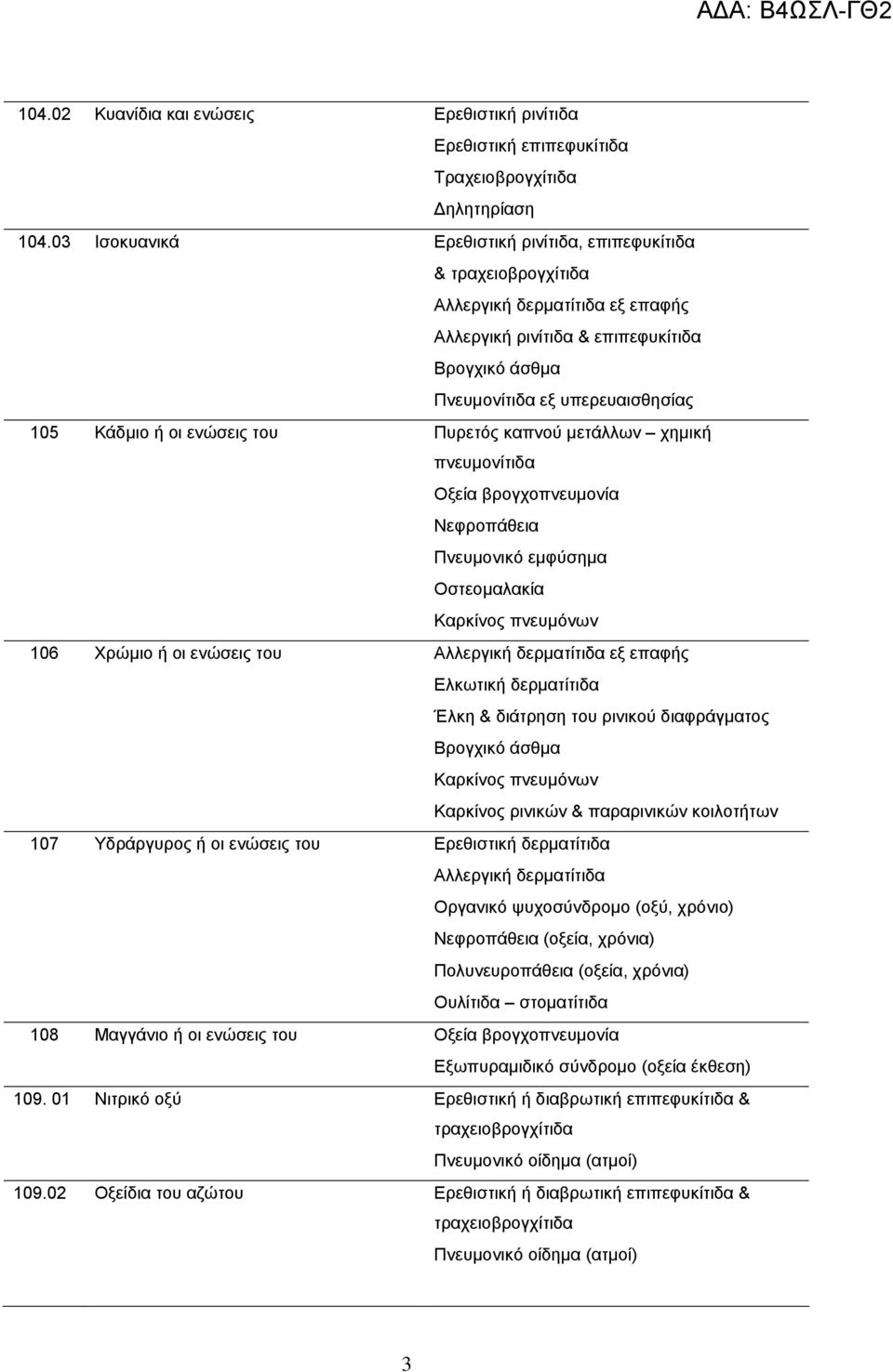 μετάλλων χημική πνευμονίτιδα Οξεία βρογχοπνευμονία Νεφροπάθεια Πνευμονικό εμφύσημα Οστεομαλακία Καρκίνος πνευμόνων 106 Χρώμιο ή οι ενώσεις του Ελκωτική δερματίτιδα Έλκη & διάτρηση του ρινικού