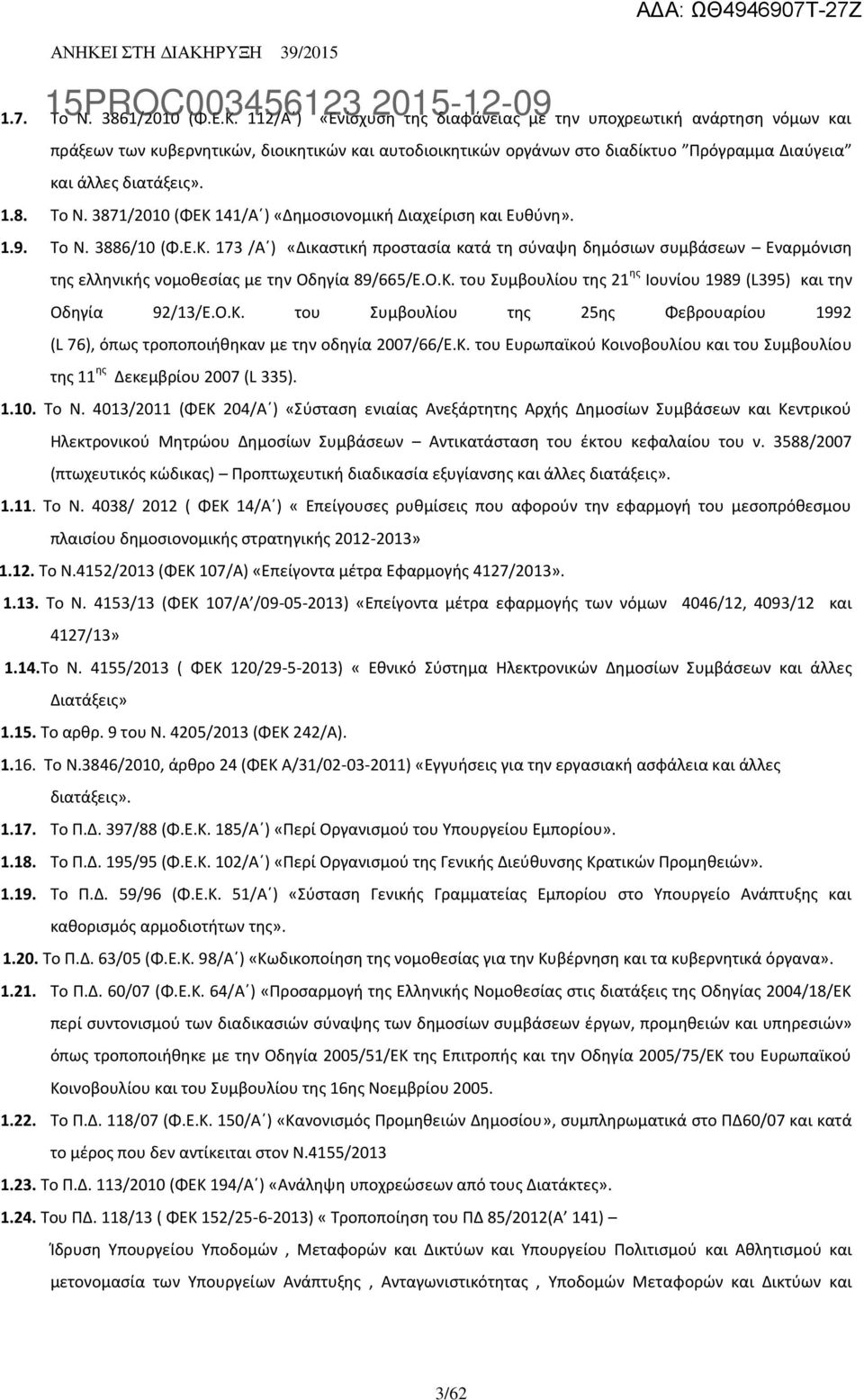 Το Ν. 3871/2010 (ΦΕΚ 141/Α ) «Δημοσιονομική Διαχείριση και Ευθύνη». 1.9. Το Ν. 3886/10 (Φ.Ε.Κ. 173 /Α ) «Δικαστική προστασία κατά τη σύναψη δημόσιων συμβάσεων Εναρμόνιση της ελληνικής νομοθεσίας με την Οδηγία 89/665/Ε.