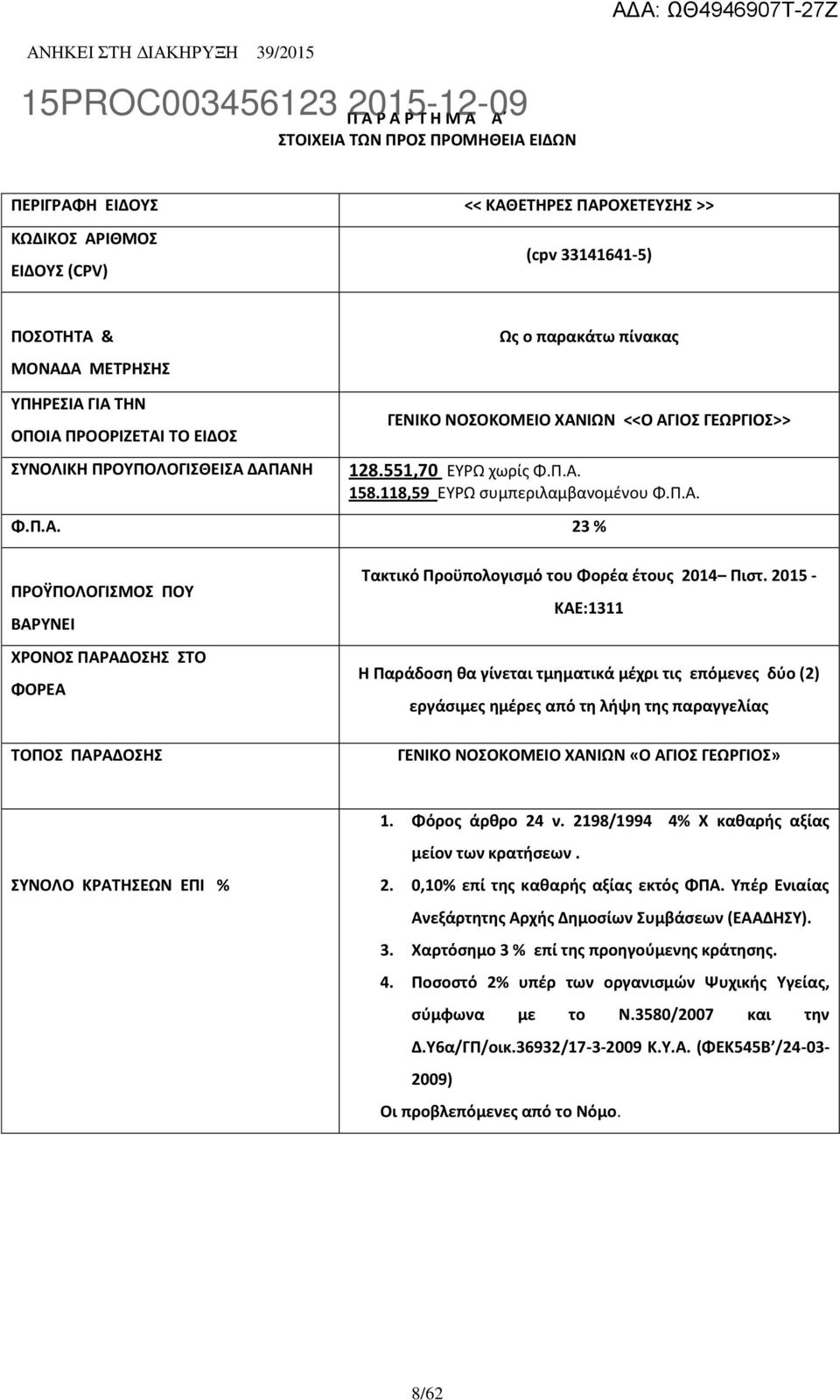 2015 - ΚΑΕ:1311 H Παράδοση θα γίνεται τμηματικά μέχρι τις επόμενες δύο (2) εργάσιμες ημέρες από τη λήψη της παραγγελίας ΓΕΝΙΚΟ ΝΟΣΟΚΟΜΕΙΟ ΧΑΝΙΩΝ «Ο ΑΓΙΟΣ ΓΕΩΡΓΙΟΣ» 1. Φόρος άρθρο 24 ν.