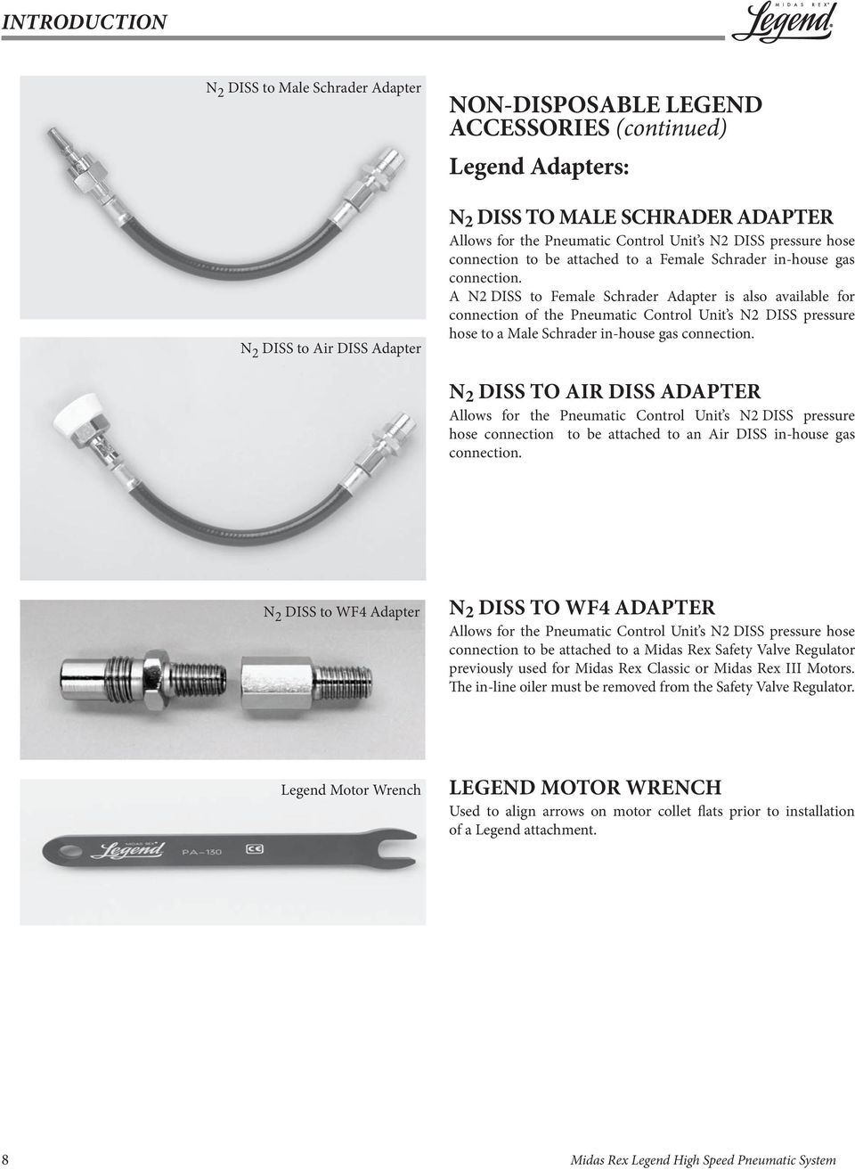 A N2 DISS to Female Schrader Adapter is also available for connection of the Pneumatic Control Unit s N2 DISS pressure hose to a Male Schrader in-house gas connection.