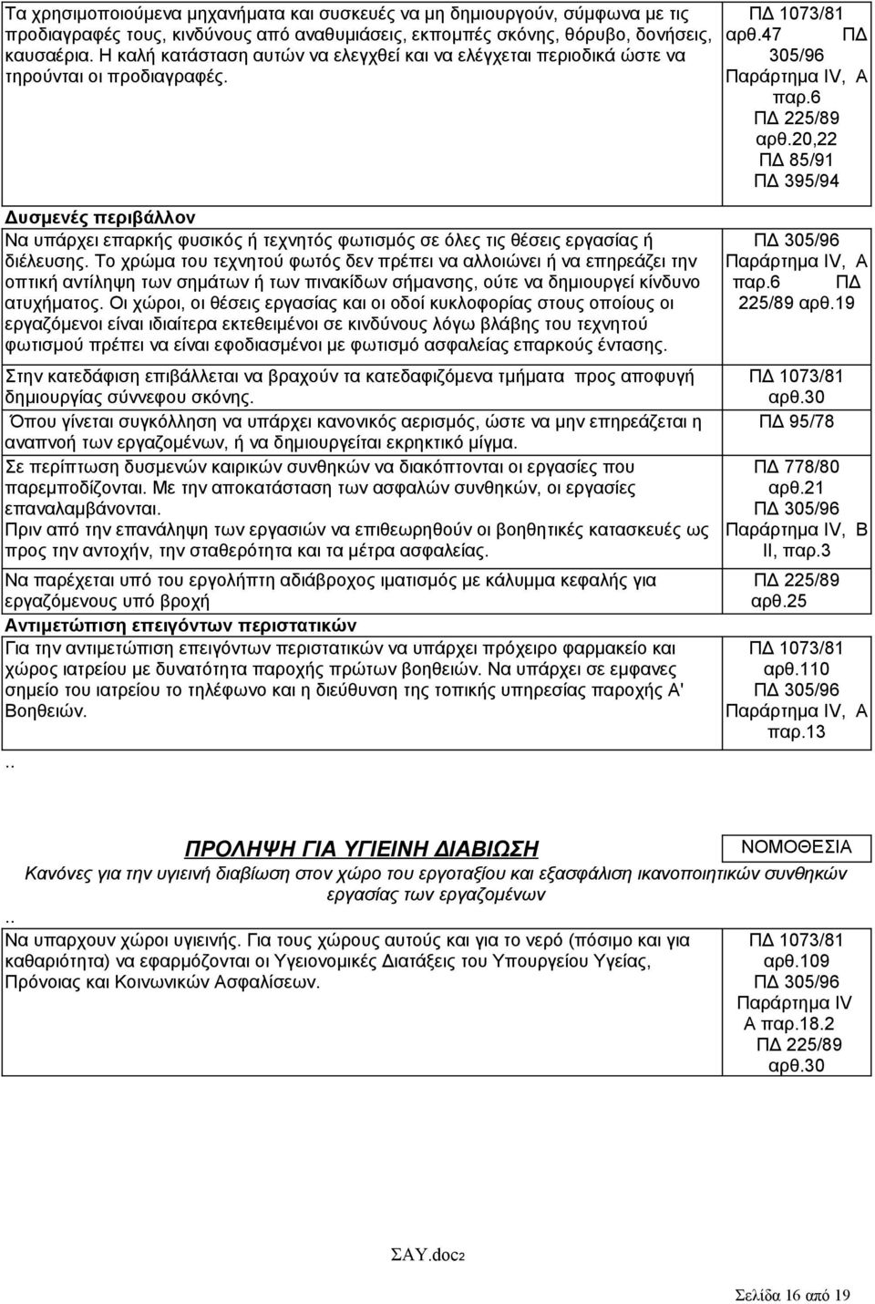 20,22 ΠΔ 85/91 ΠΔ 395/94 Δυσμενές περιβάλλον Να υπάρχει επαρκής φυσικός ή τεχνητός φωτισμός σε όλες τις θέσεις εργασίας ή διέλευσης.