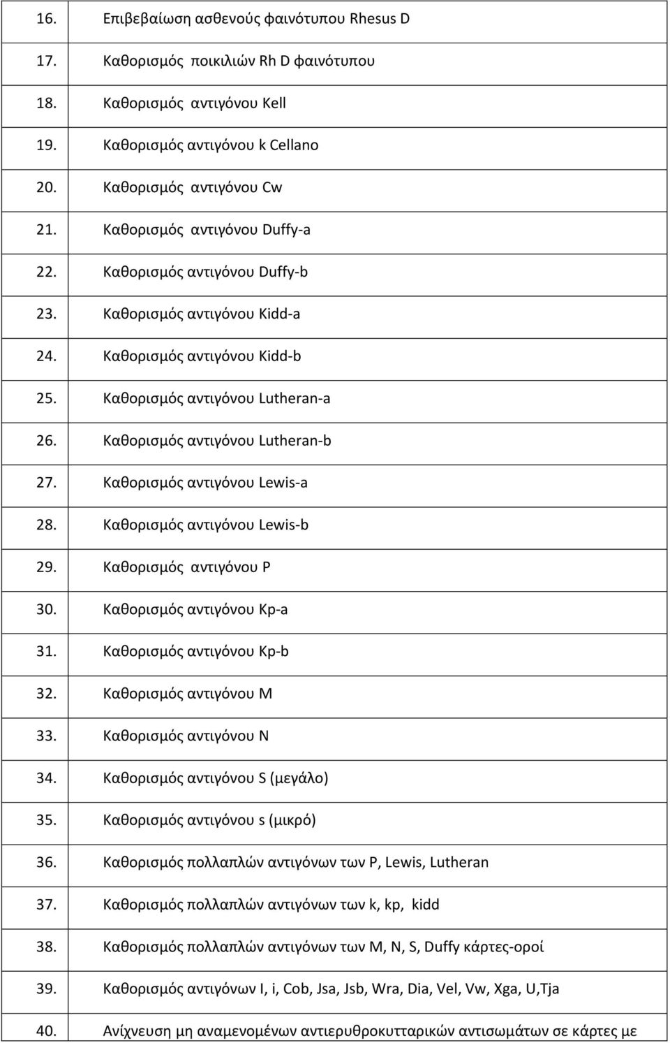 Καθορισμός αντιγόνου Lutheran-b 27. Καθορισμός αντιγόνου Lewis-a 28. Καθορισμός αντιγόνου Lewis-b 29. Καθορισμός αντιγόνου P 30. Καθορισμός αντιγόνου Kp-a 31. Καθορισμός αντιγόνου Kp-b 32.
