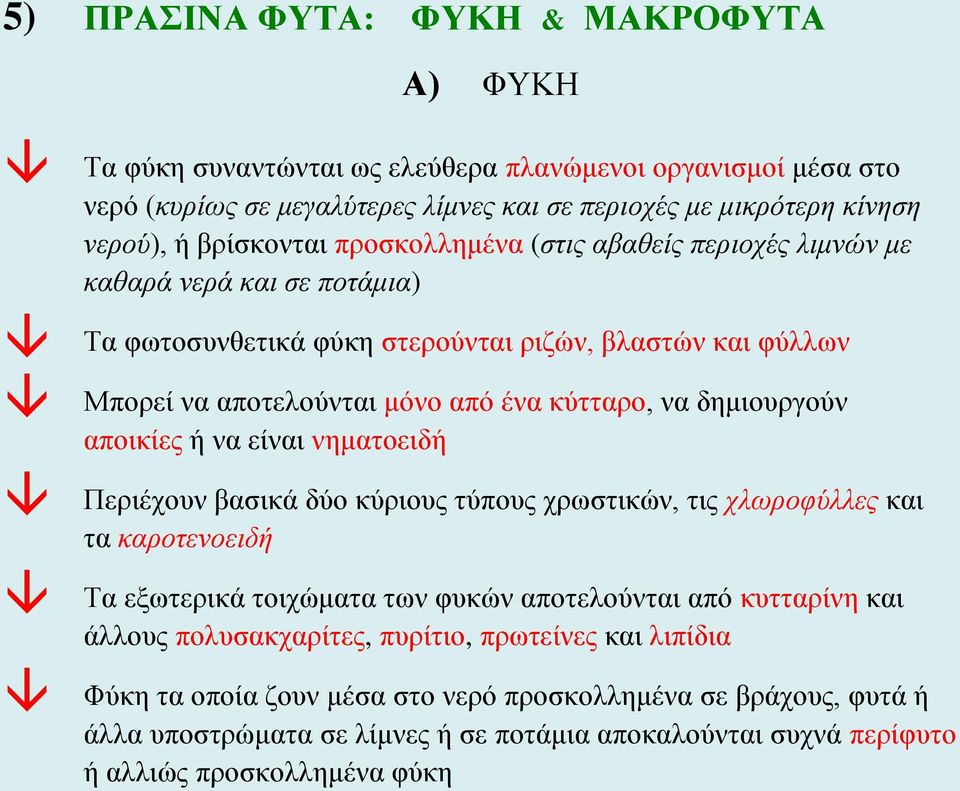 δημιουργούν αποικίες ή να είναι νηματοειδή Περιέχουν βασικά δύο κύριους τύπους χρωστικών, τις χλωροφύλλες και τα καροτενοειδή Τα εξωτερικά τοιχώματα των φυκών αποτελούνται από κυτταρίνη και