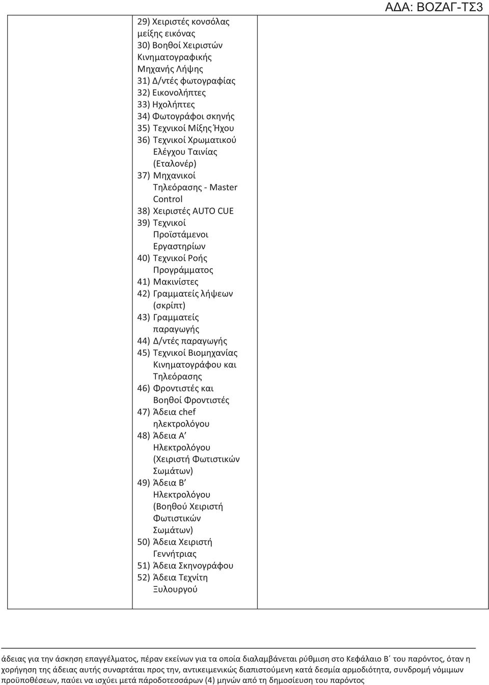 Γραμματείς λήψεων (σκρίπτ) 43) Γραμματείς παραγωγής 44) Δ/ντές παραγωγής 45) Τεχνικοί Βιομηχανίας Κινηματογράφου και Τηλεόρασης 46) Φροντιστές και Βοηθοί Φροντιστές 47) Άδεια chef ηλεκτρολόγου 48)