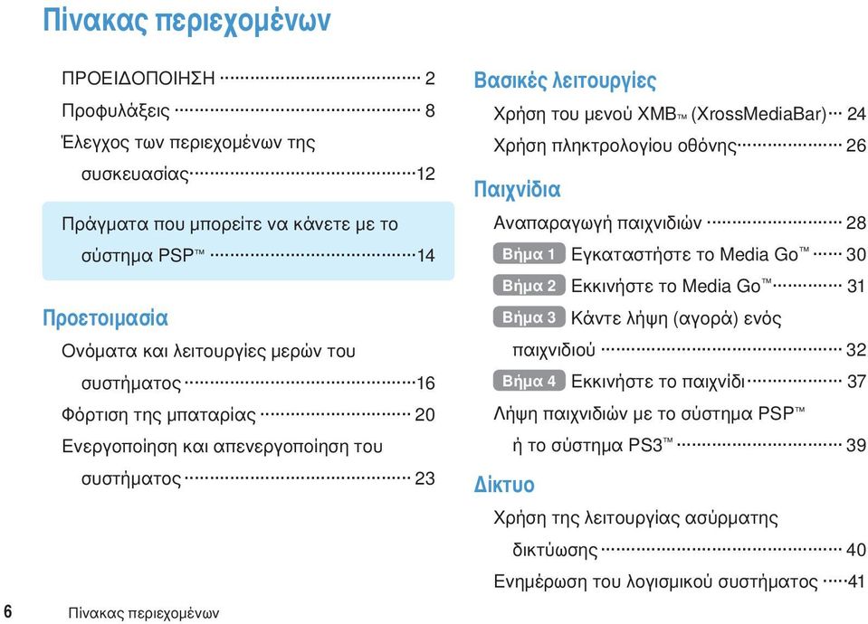 (XrossMediaBar) 24 Χρήση πληκτρολογίου οθόνης 26 Παιχνίδια Αναπαραγωγή παιχνιδιών 28 Βήμα 1 Εγκαταστήστε το Media Go 30 Βήμα 2 Εκκινήστε το Media Go 31 Βήμα 3 Κάντε λήψη (αγορά)