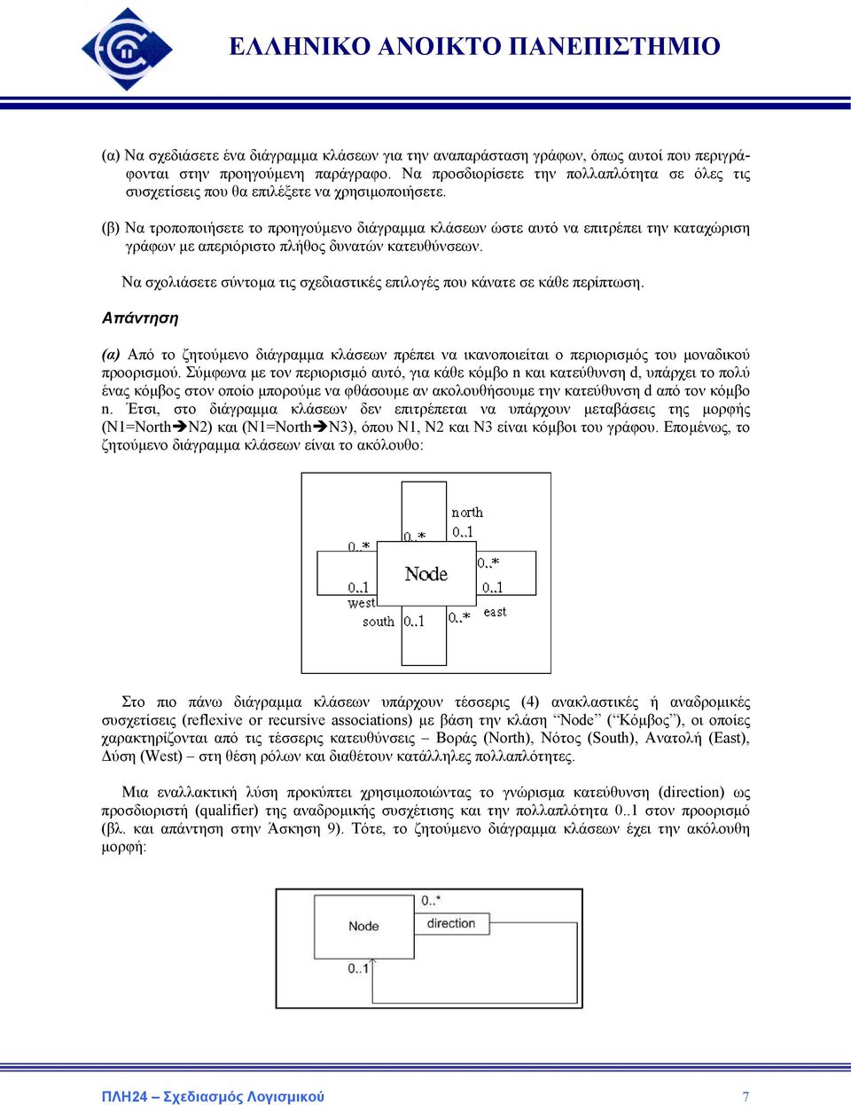 (β) Να τροποποιήσετε το προηγούµενο διάγραµµα κλάσεων ώστε αυτό να επιτρέπει την καταχώριση γράφων µε απεριόριστο πλήθος δυνατών κατευθύνσεων.