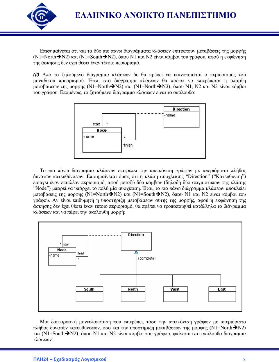 Έτσι, στο διάγραµµα κλάσεων θα πρέπει να επιτρέπεται η ύπαρξη µεταβάσεων της µορφής (Ν1=Νorth N2) και (Ν1=Νorth N3), όπου Ν1, Ν2 και Ν3 είναι κόµβοι του γράφου.