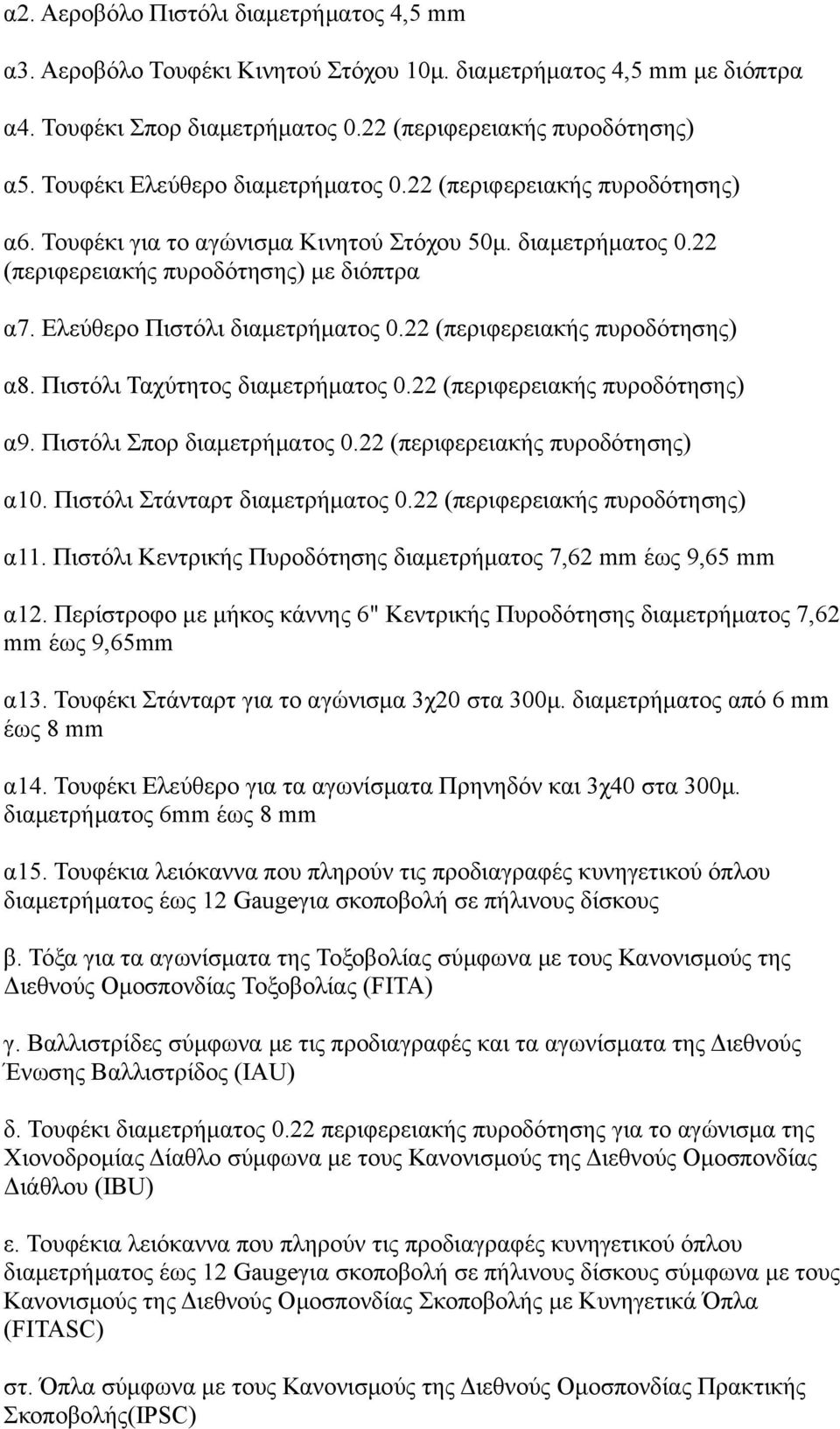 Ελεύθερο Πιστόλι διαμετρήματος 0.22 (περιφερειακής πυροδότησης) α8. Πιστόλι Ταχύτητος διαμετρήματος 0.22 (περιφερειακής πυροδότησης) α9. Πιστόλι Σπορ διαμετρήματος 0.