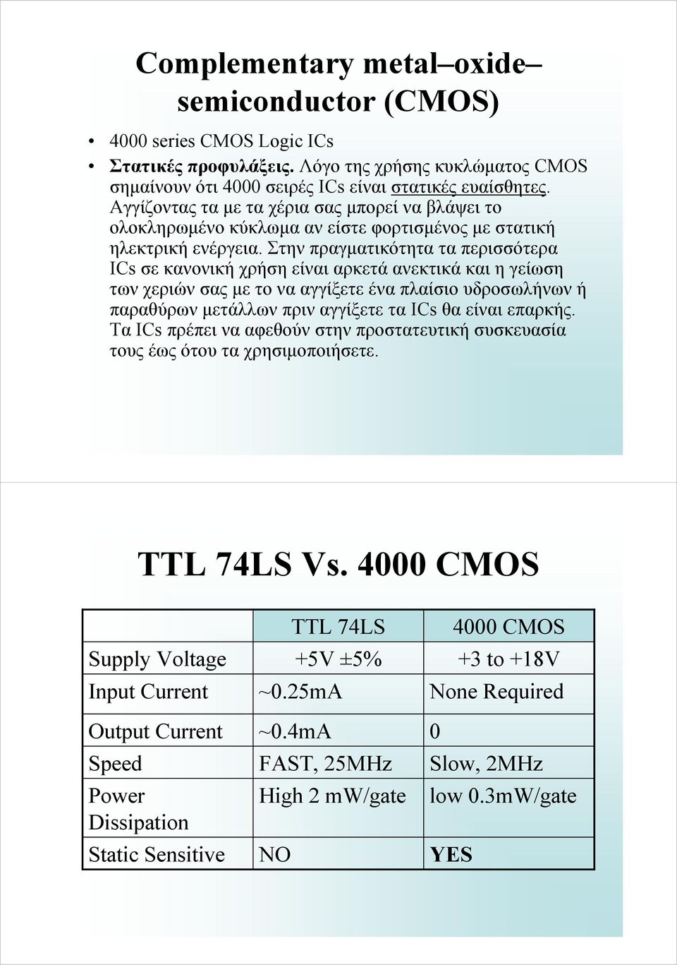 Στην πραγματικότητα τα περισσότερα ICs σε κανονική χρήση είναι αρκετά ανεκτικά και η γείωση των χεριών σας με το να αγγίξετε ένα πλαίσιο υδροσωλήνων ή παραθύρων μετάλλων πριν αγγίξετε τα ICs θα είναι