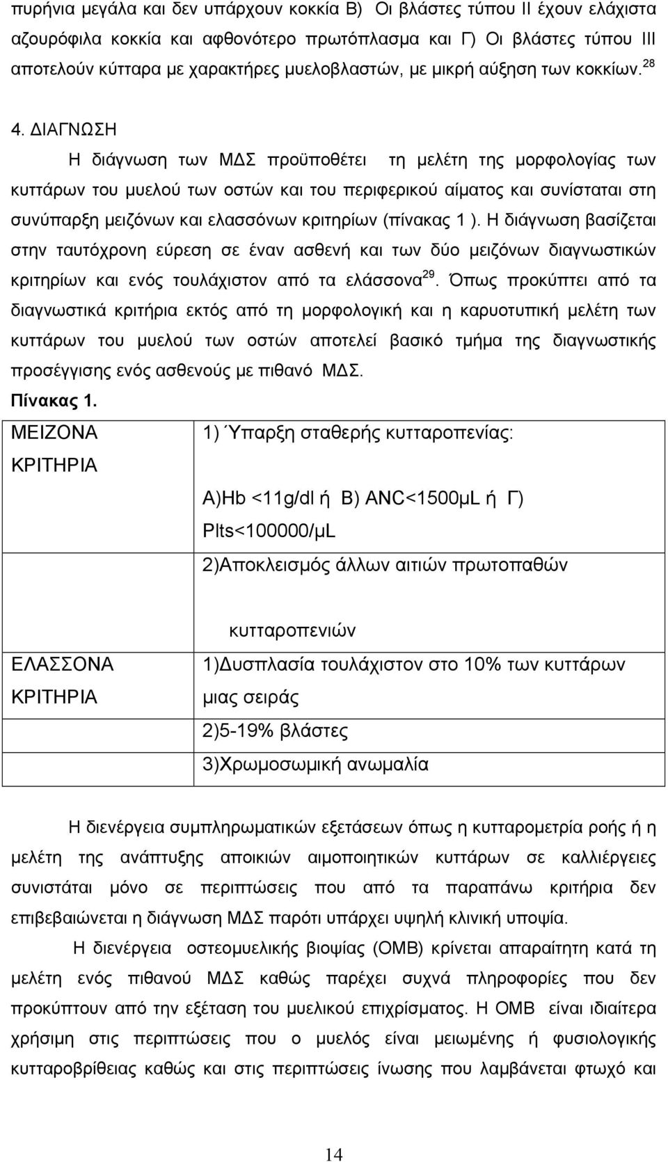 ΔΙΑΓΝΩΣΗ Η διάγνωση των ΜΔΣ προϋποθέτει τη μελέτη της μορφολογίας των κυττάρων του μυελού των οστών και του περιφερικού αίματος και συνίσταται στη συνύπαρξη μειζόνων και ελασσόνων κριτηρίων (πίνακας
