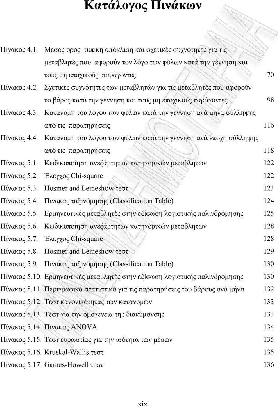 Κατανομή του λόγου των φύλων κατά την γέννηση ανά μήνα σύλληψης από τις παρατηρήσεις 116 Πίνακας 4.4. Κατανομή του λόγου των φύλων κατά την γέννηση ανά εποχή σύλληψης από τις παρατηρήσεις 118 Πίνακας 5.