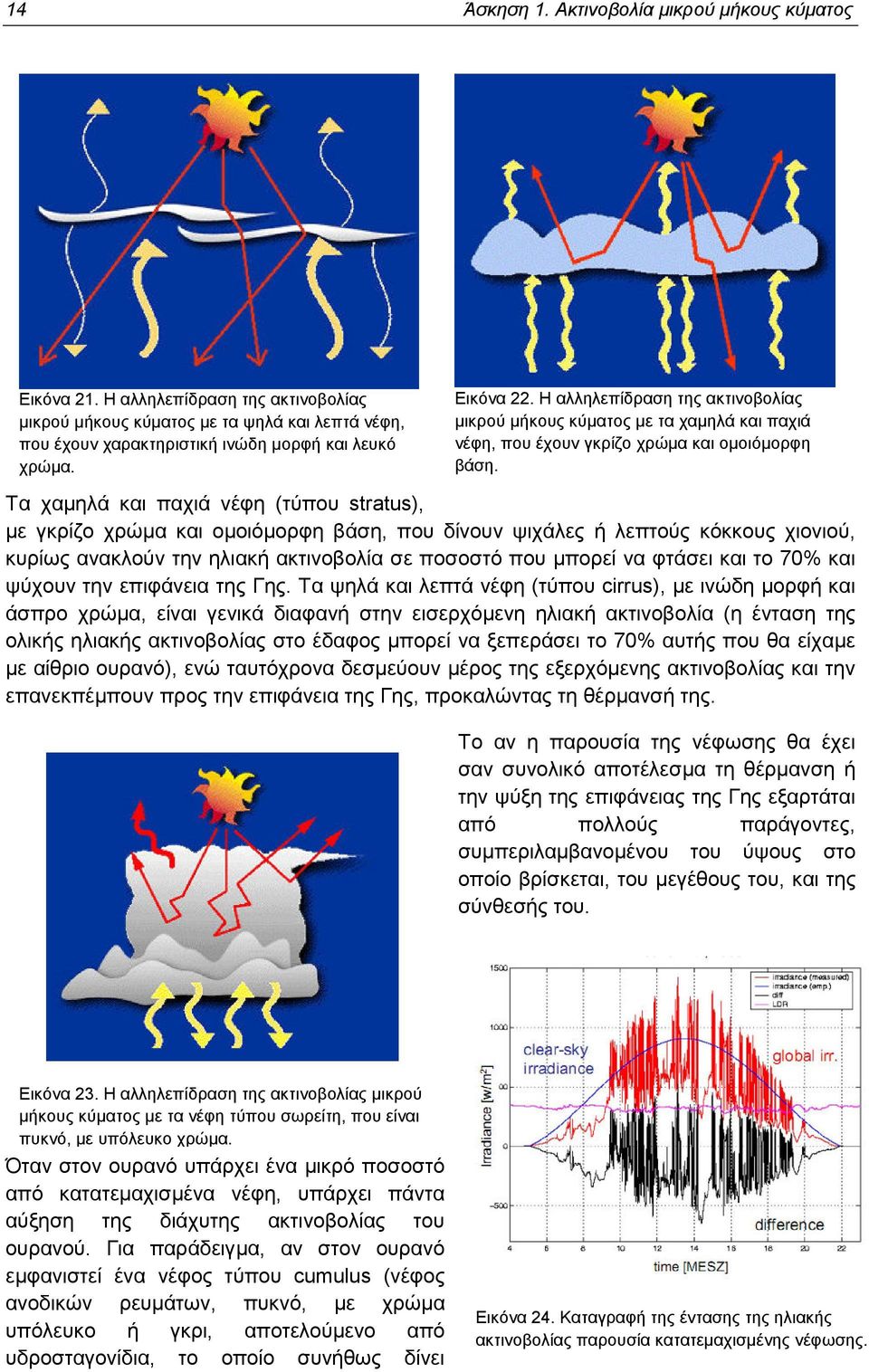 Τα χαµηλά και παχιά νέφη (τύπου stratus), µε γκρίζο χρώµα και οµοιόµορφη βάση, που δίνουν ψιχάλες ή λεπτούς κόκκους χιονιού, κυρίως ανακλούν την ηλιακή ακτινοβολία σε ποσοστό που µπορεί να φτάσει και