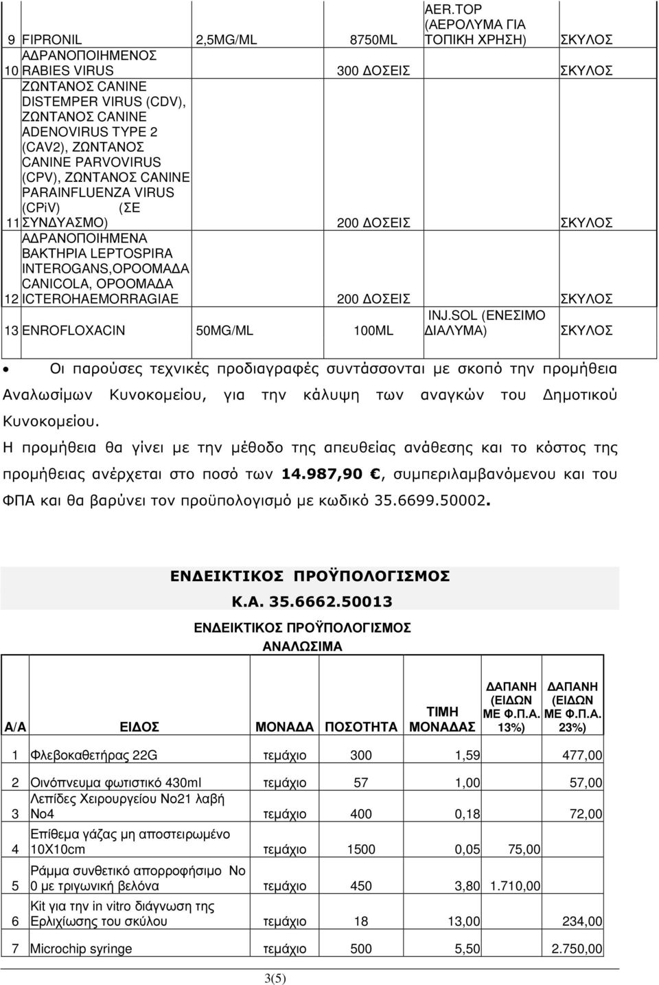 ΥΑΣΜΟ) 200 ΟΣΕΙΣ Α ΡΑΝΟΠΟΙΗΜΕΝΑ ΒΑΚΤΗΡΙΑ LEPTOSPIRA INTEROGANS,ΟΡΟΟΜΑ Α CANICOLA, ΟΡΟΟΜΑ Α 12 ICTEROHAEMORRAGIAE 200 ΟΣΕΙΣ 13 ENROFLOXACIN 50MG/ML 100ML Οι παρούσες τεχνικές προδιαγραφές συντάσσονται