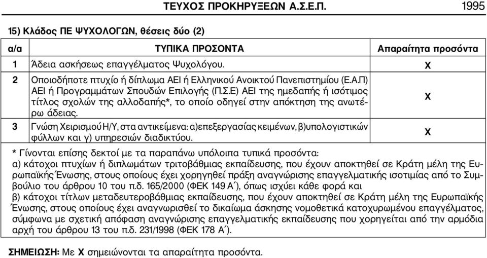 ουδών Επιλογής (Π.Σ.Ε) ΑΕΙ της ημεδαπής ή ισότιμος τίτλος σχολών της αλλοδαπής*, το οποίο οδηγεί στην απόκτηση της ανωτέ ρω άδειας.