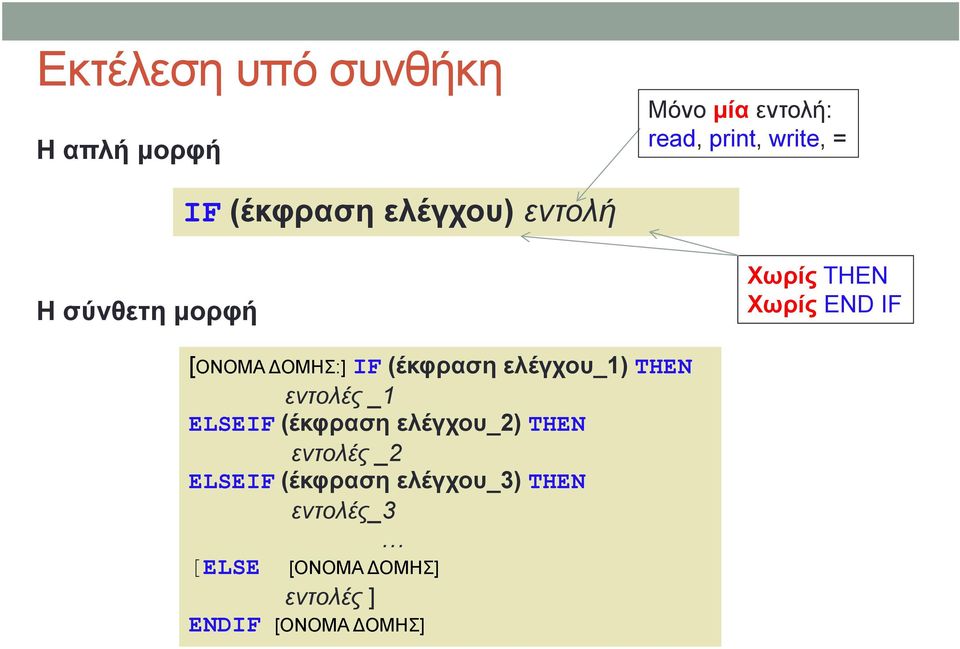 (έκφραση ελέγχου_1) ΤΗΕΝ εντολές _1 ELSEIF (έκφραση ελέγχου_2) ΤΗΕΝ εντολές _2