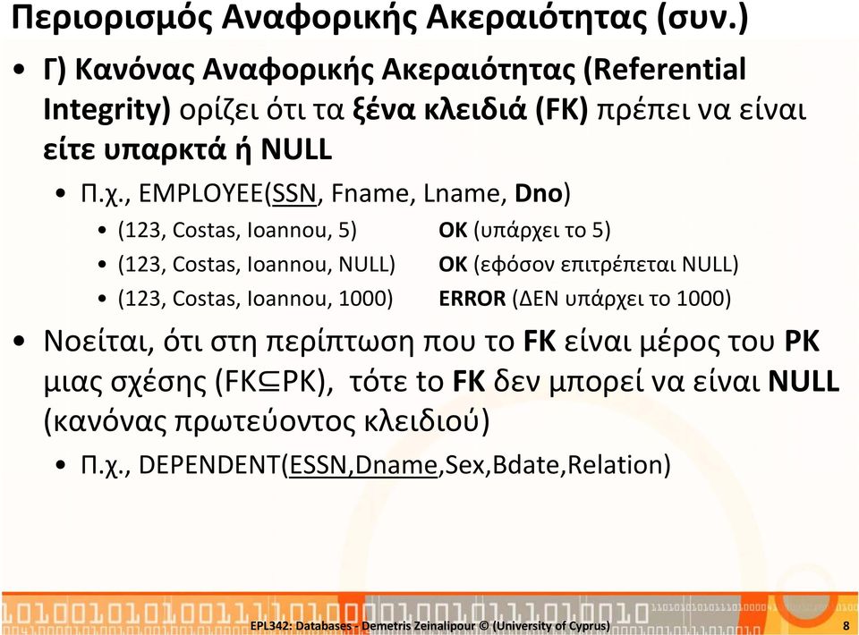, EMPLOYEE(SSN, Fname, Lname, Dno) (123, Costas, Ioannou, 5) OK (υπάρχει το 5) (123, Costas, Ioannou, NULL) OK (εφόσον επιτρέπεται NULL) (123, Costas,