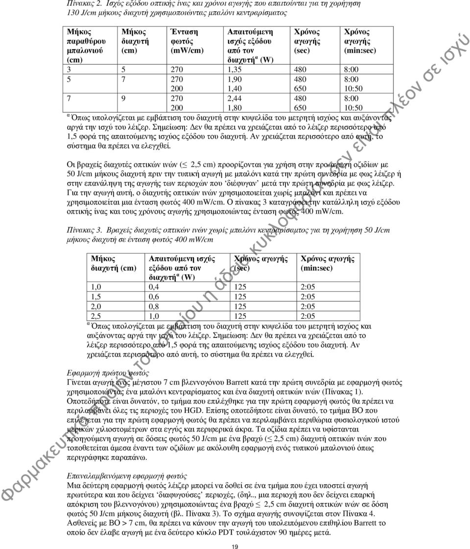 (mw/cm) Απαιτούμενη ισχύς εξόδου από τον Χρόνος αγωγής (sec) Χρόνος αγωγής (min:sec) (cm) διαχυτή α (W) 3 5 270 1,35 480 8:00 5 7 270 200 1,90 1,40 480 650 8:00 10:50 7 9 270 200 2,44 1,80 480 650