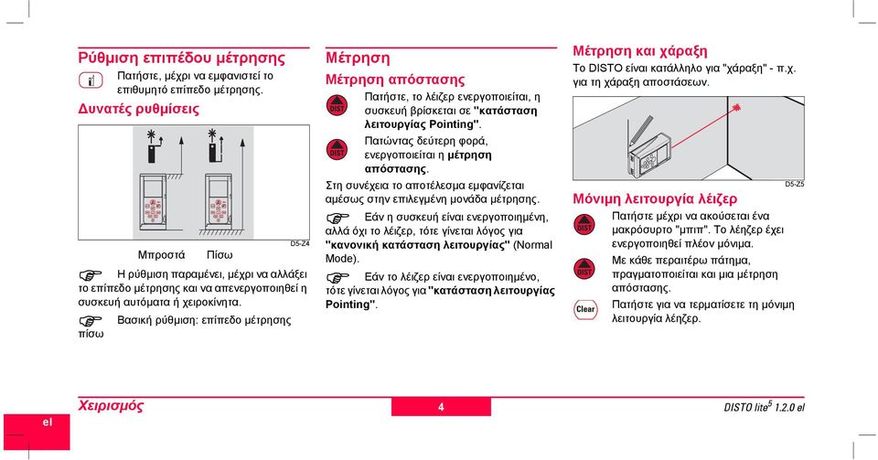 πίσω Βασική ρύθµιση: επίπεδο µέτρησης Μέτρηση Μέτρηση απόστασης Πατήστε, το λέιζερ ενεργοποιείται, η συσκευή βρίσκεται σε "κατάσταση λειτουργίας Pointing".