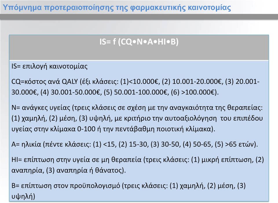 Ν= ανάγκες υγείας (τρεις κλάσεις σε σχέση με την αναγκαιότητα της θεραπείας: (1) χαμηλή, (2) μέση, (3) υψηλή, με κριτήριο την αυτοαξιολόγηση του επιπέδου υγείας στην κλίμακα 0-100 ή