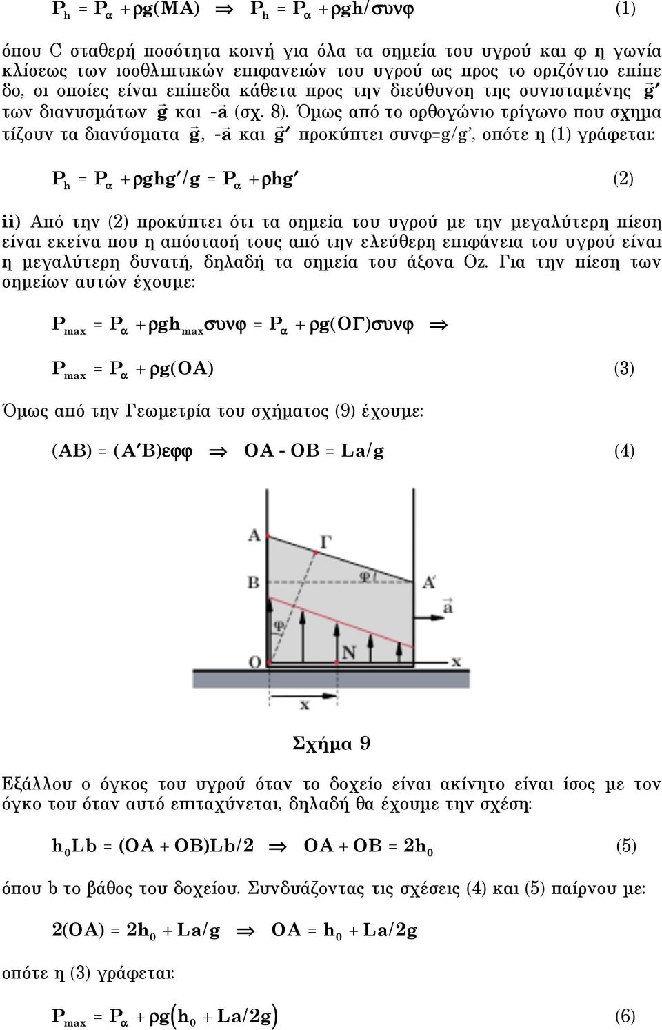 Όµως από το ορθογώνιο τρίγωνο που σχηµα τίζουν τα διανύσµατα g, - a και g προκύπτει συνφ=g/g, οπότε η (1) γράφεται: P h +"gh g #/g +"h g # (2) ii) Aπό την (2) προκύπτει ότι τα σηµεία του υγρού µε την