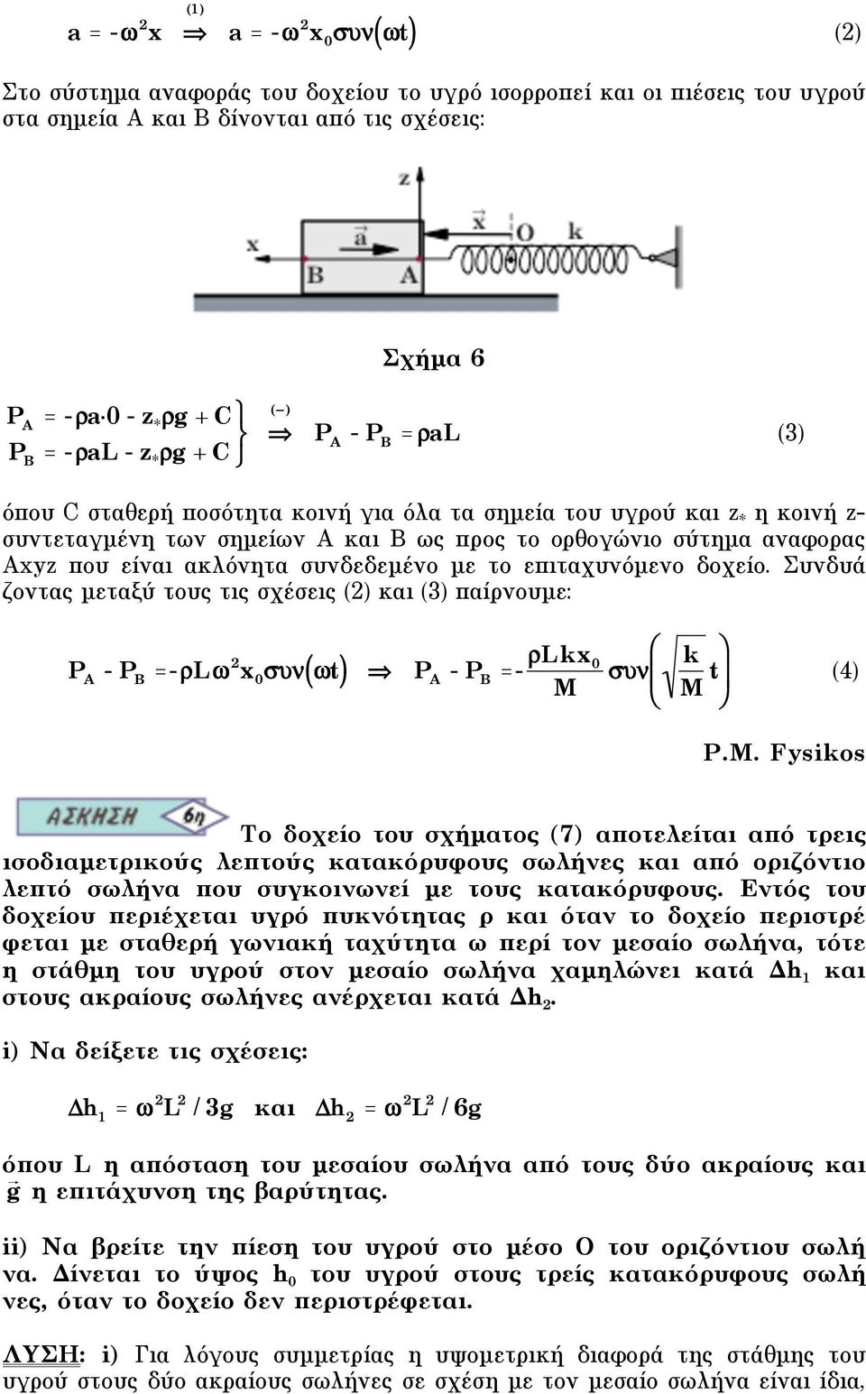 είναι ακλόνητα συνδεδεµένο µε το επιταχυνόµενο δοχείο. Συνδυά ζοντας µεταξύ τους τις σχέσεις (2) και (3) παίρνουµε: P A - P B =-L" 2 x 0 #$%("t) P A - P B =- Lkx 0 M 