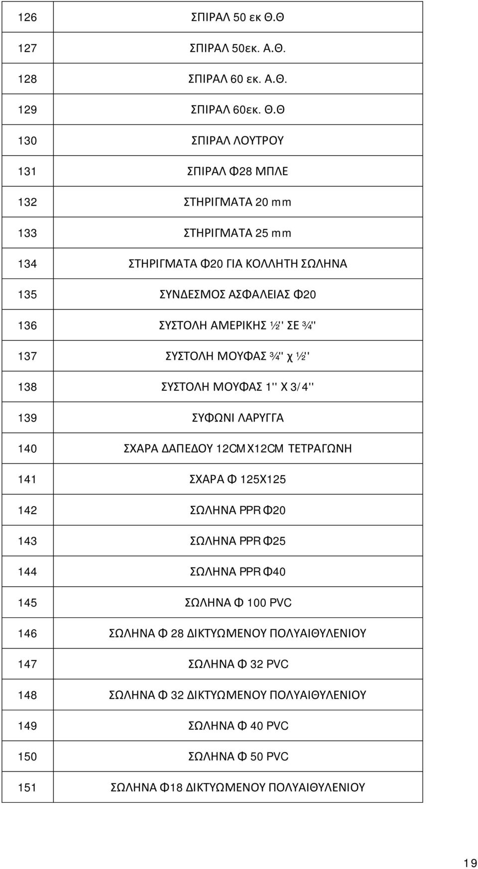 Θ 130 ΣΠΙΡΑΛ ΛΟΥΤΡΟΥ 131 ΣΠΙΡΑΛ Φ28 ΜΠΛΕ 132 ΣΤΗΡΙΓΜΑΤΑ 20 mm 133 ΣΤΗΡΙΓΜΑΤΑ 25 mm 134 ΣΤΗΡΙΓΜΑΤΑ Φ20 ΓΙΑ ΚΟΛΛΗΤΗ ΣΩΛΗΝΑ 135 ΣΥΝΔΕΣΜΟΣ ΑΣΦΑΛΕΙΑΣ Φ20 136 ΣΥΣΤΟΛΗ