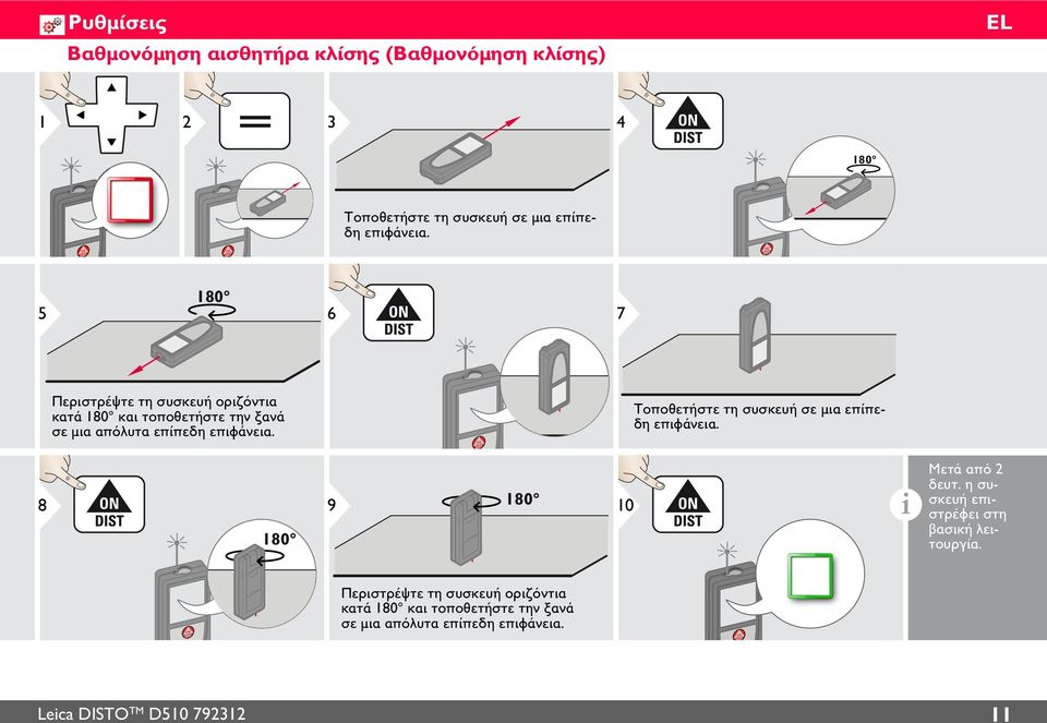 8 9 180 180 Τοποθετήστε τη συσκευή σε μια επίπεδη επιφάνεια. 10 Μετά από 2 δευτ.