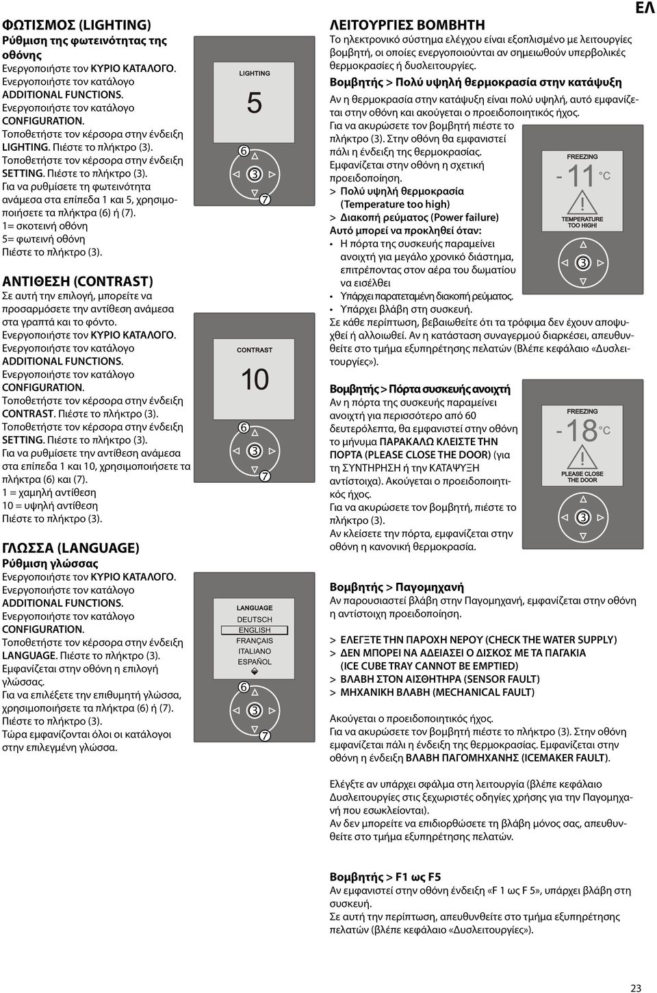 1= σκοτεινή οθόνη 5= φωτεινή οθόνη ΑΝΤΙΘΕΣΗ (CONTRAST) Σε αυτή την επιλογή, μπορείτε να προσαρμόσετε την αντίθεση ανάμεσα στα γραπτά και το φόντο. ADDITIONAL FUNCTIONS. CONFIGURATION. CONTRAST.