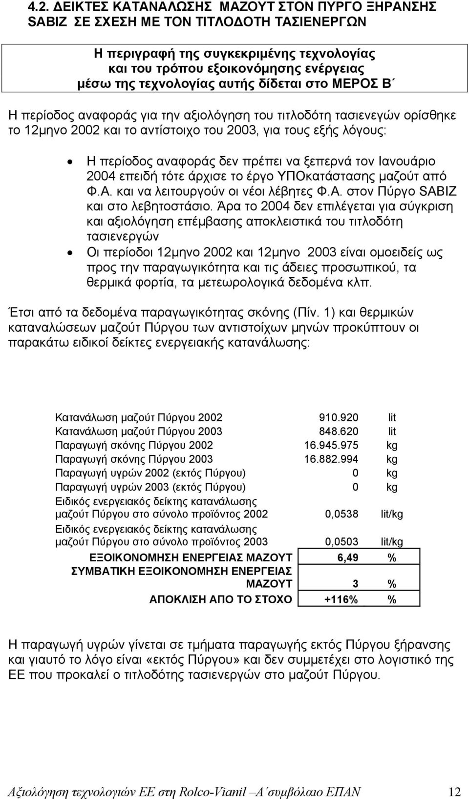 ξεπερνά τον Ιανουάριο 2004 επειδή τότε άρχισε το έργο ΥΠΟκατάστασης μαζούτ από Φ.Α. και να λειτουργούν οι νέοι λέβητες Φ.Α. στον Πύργο SABIZ και στο λεβητοστάσιο.