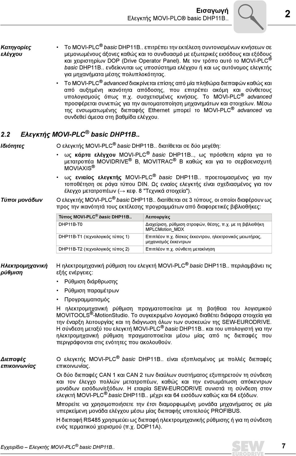 Με τον τρόπο αυτό το MOVI-PLC basic DHPB.. ενδείκνυται ως υποσύστηµα ελέγχου ή και ως αυτόνοµος ελεγκτής για µηχανήµατα µέσης πολυπλοκότητας.