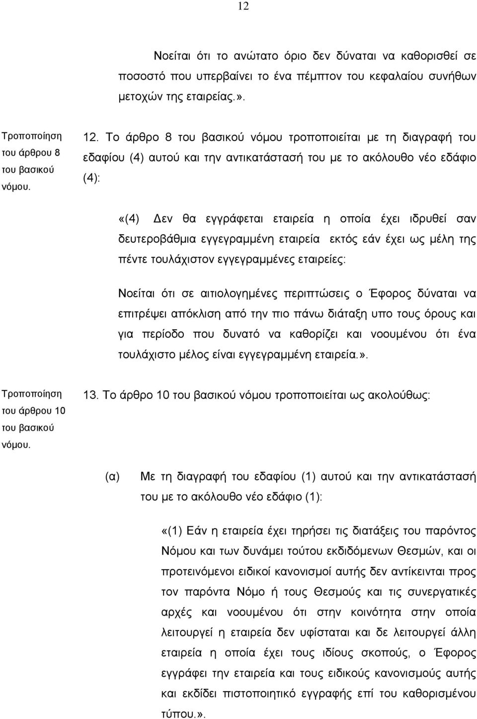 εγγεγραμμένη εταιρεία εκτός εάν έχει ως μέλη της πέντε τουλάχιστον εγγεγραμμένες εταιρείες: Νοείται ότι σε αιτιολογημένες περιπτώσεις ο Έφορος δύναται να επιτρέψει απόκλιση από την πιο πάνω διάταξη