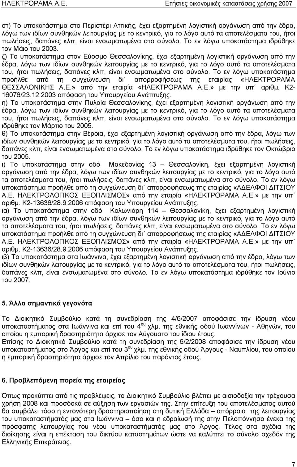 ζ) Το υποκατάστημα στον Εύοσμο Θεσσαλονίκης, έχει εξαρτημένη λογιστική οργάνωση από την έδρα, λόγω των ιδίων συνθηκών λειτουργίας με το κεντρικό, για το λόγο αυτό τα αποτελέσματα του, ήτοι πωλήσεις,