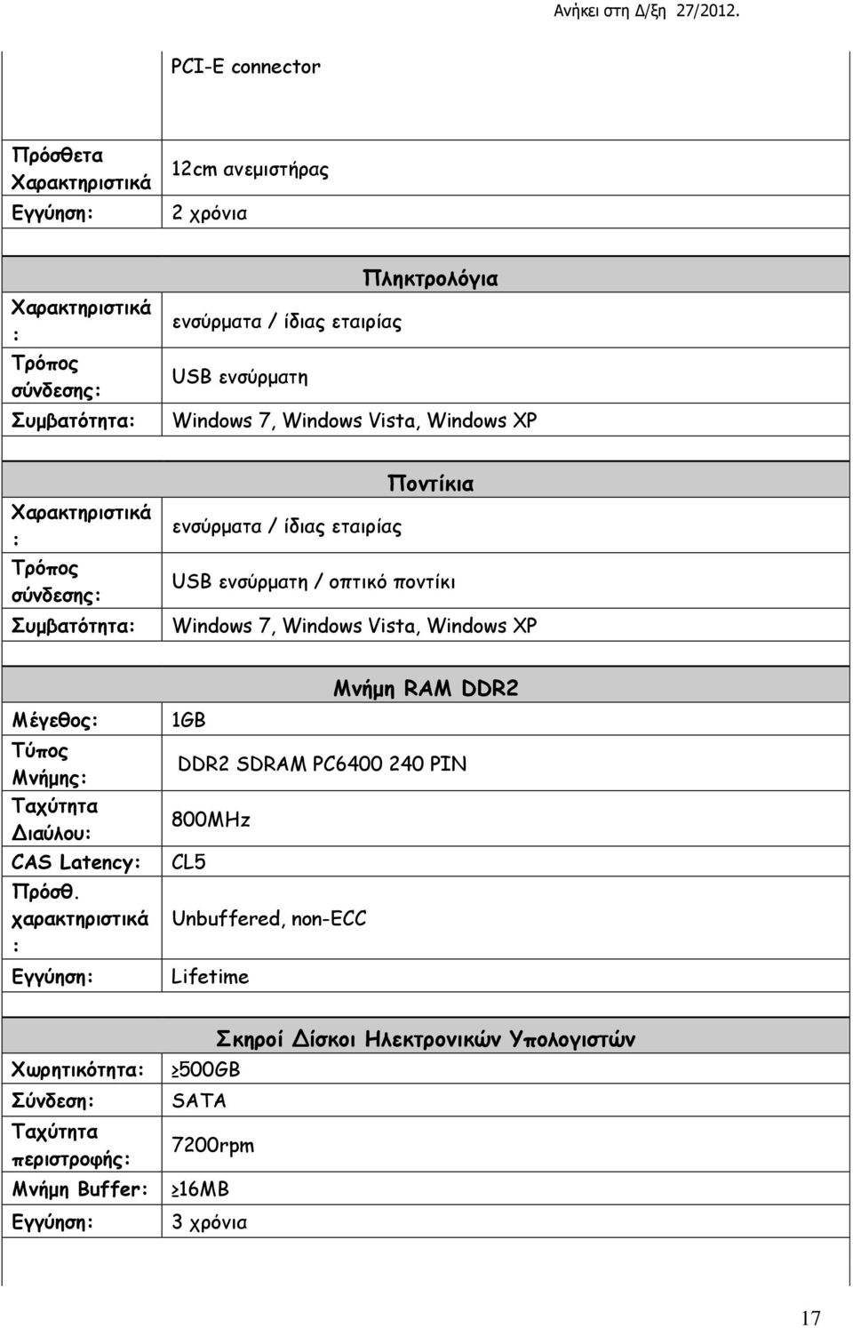 7, Windows Vista, Windows XP Μέγεθος: Τύπος Μνήμης: Ταχύτητα Διαύλου: CAS Latency: Πρόσθ.