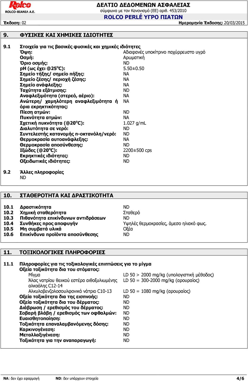 Πίεση ατμών: ΝD Πυκνότητα ατμών: Σχετική πυκνότητα (@20 o C): 1.