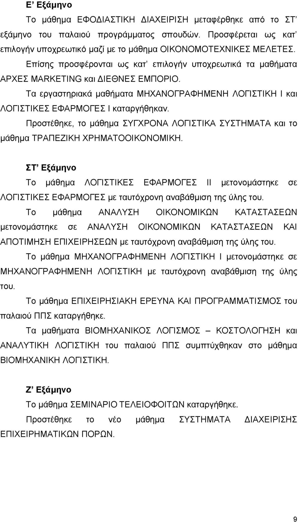 Προστέθηκε, το μάθημα ΣΥΓΧΡΟΝΑ ΛΟΓΙΣΤΙΚΑ ΣΥΣΤΗΜΑΤΑ και το μάθημα ΤΡΑΠΕΖΙΚΗ ΧΡΗΜΑΤΟΟΙΚΟΝΟΜΙΚΗ.