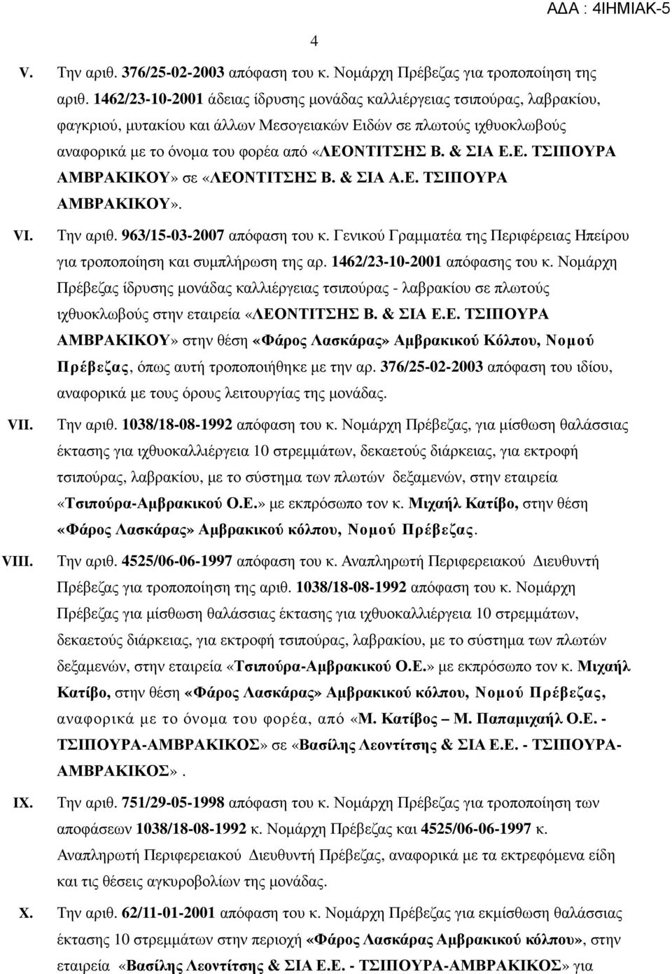 & ΣΙΑ Ε.Ε. ΤΣΙΠΟΥΡΑ ΑΜΒΡΑΚΙΚΟΥ» σε «ΛΕΟΝΤΙΤΣΗΣ Β. & ΣΙΑ Α.Ε. ΤΣΙΠΟΥΡΑ ΑΜΒΡΑΚΙΚΟΥ». VI. VII. VIII. IX. Την αριθ. 963/15-03-2007 απόφαση του κ.