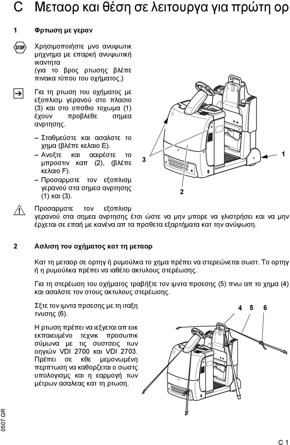 Ανοξτε και ααιρέστε το µπροστιν καπ (2), (βλέπε κελαιο F). Προσαρµστε τον εξοπλισµ γερανού στα σηµεα ανρτησης (1) και (3).