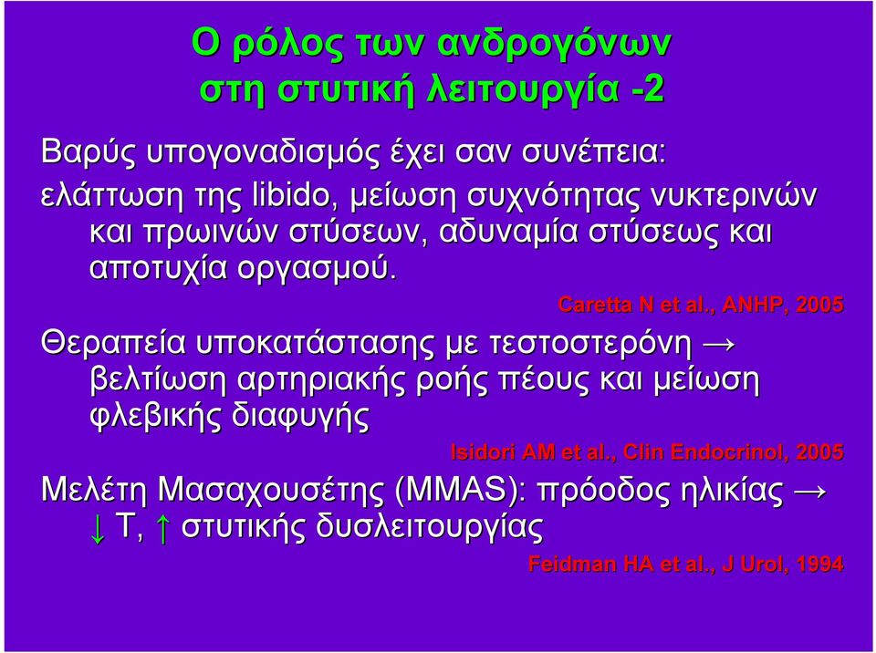 , ANHΡ, 2005 Θεραπεία υποκατάστασης με τεστοστερόνη βελτίωση αρτηριακής ροής πέους και μείωση φλεβικής διαφυγής