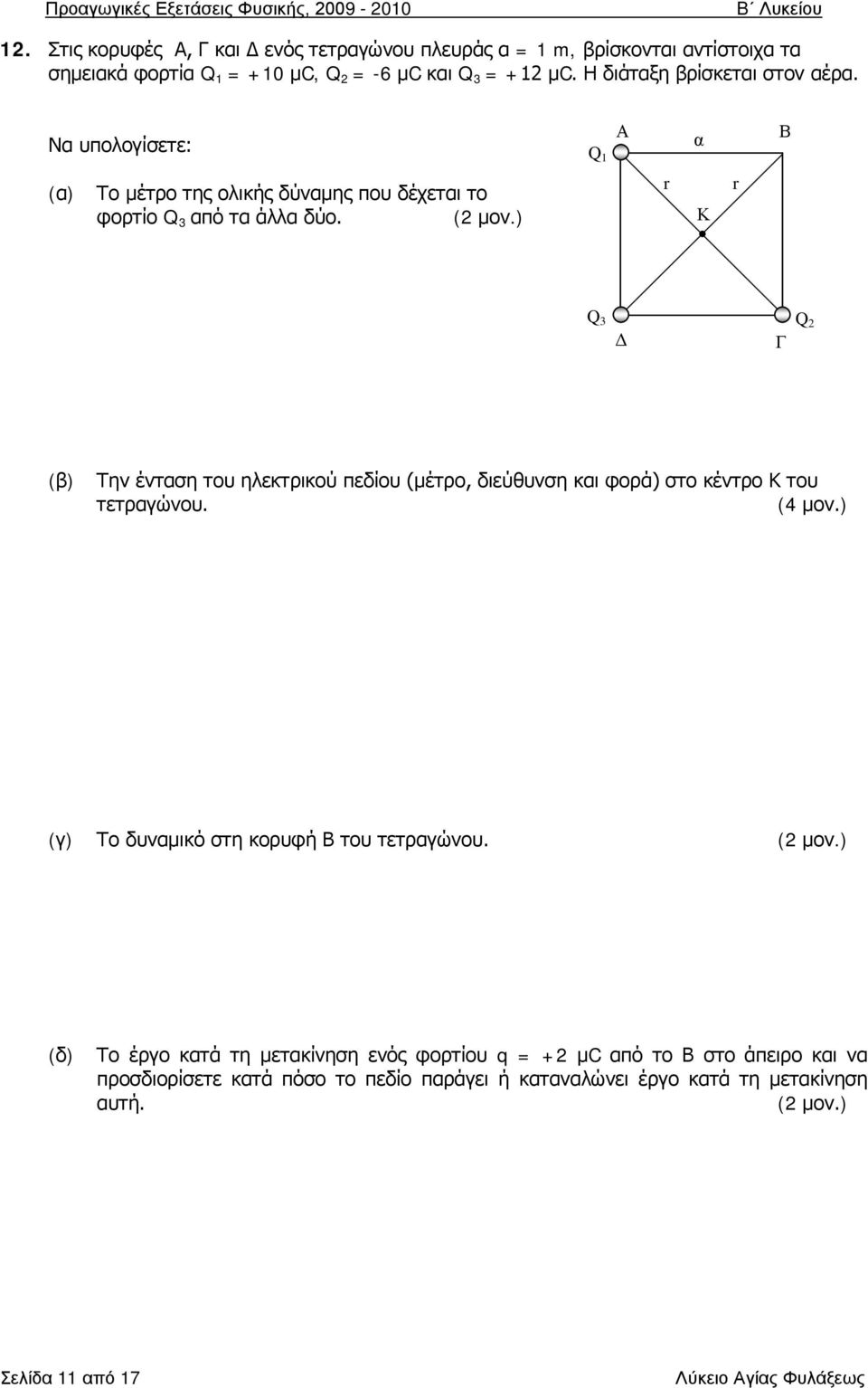 r Κ r Q 3 Δ Γ Q Την ένταση του ηλεκτρικού πεδίου (μέτρο, διεύθυνση και φορά) στο κέντρο Κ του τετραγώνου. (4 μον.