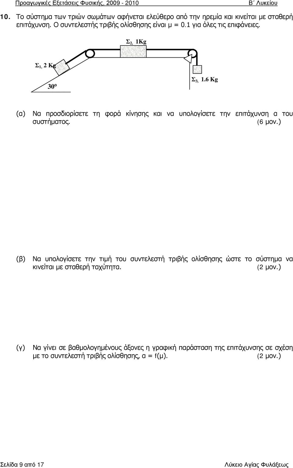 6 Kg (α) Να προσδιορίσετε τη φορά κίνησης και να υπολογίσετε την επιτάχυνση α του συστήματος. (6 μον.