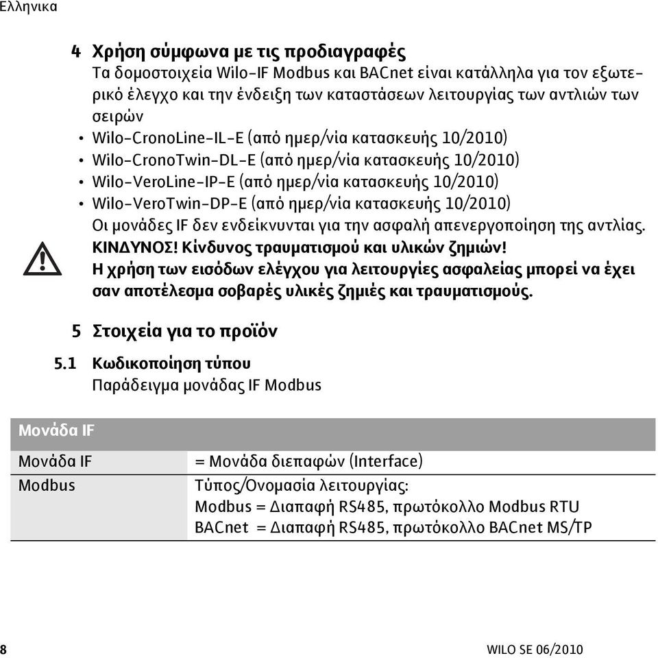 κατασκευής 10/2010) Οι μονάδες IF δεν ενδείκνυνται για την ασφαλή απενεργοποίηση της αντλίας. ΚΙΝΔΥΝΟΣ! Κίνδυνος τραυματισμού και υλικών ζημιών!