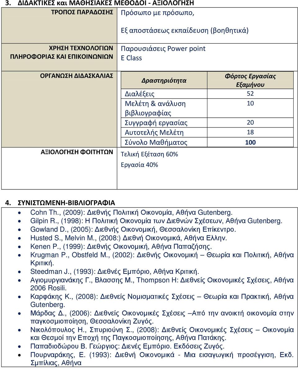 Μαθήματος 100 Εργασία 40% 4. ΣΥΝΙΣΤΩΜΕΝΗ-ΒΙΒΛΙΟΓΡΑΦΙΑ Cohn Th., (2009): ιεθνής Πολιτική Οικονοµία, Αθήνα Gutenberg. Gilpin R., (1998): Η Πολιτική Οικονοµία των ιεθνών Σχέσεων, Αθήνα Gutenberg.