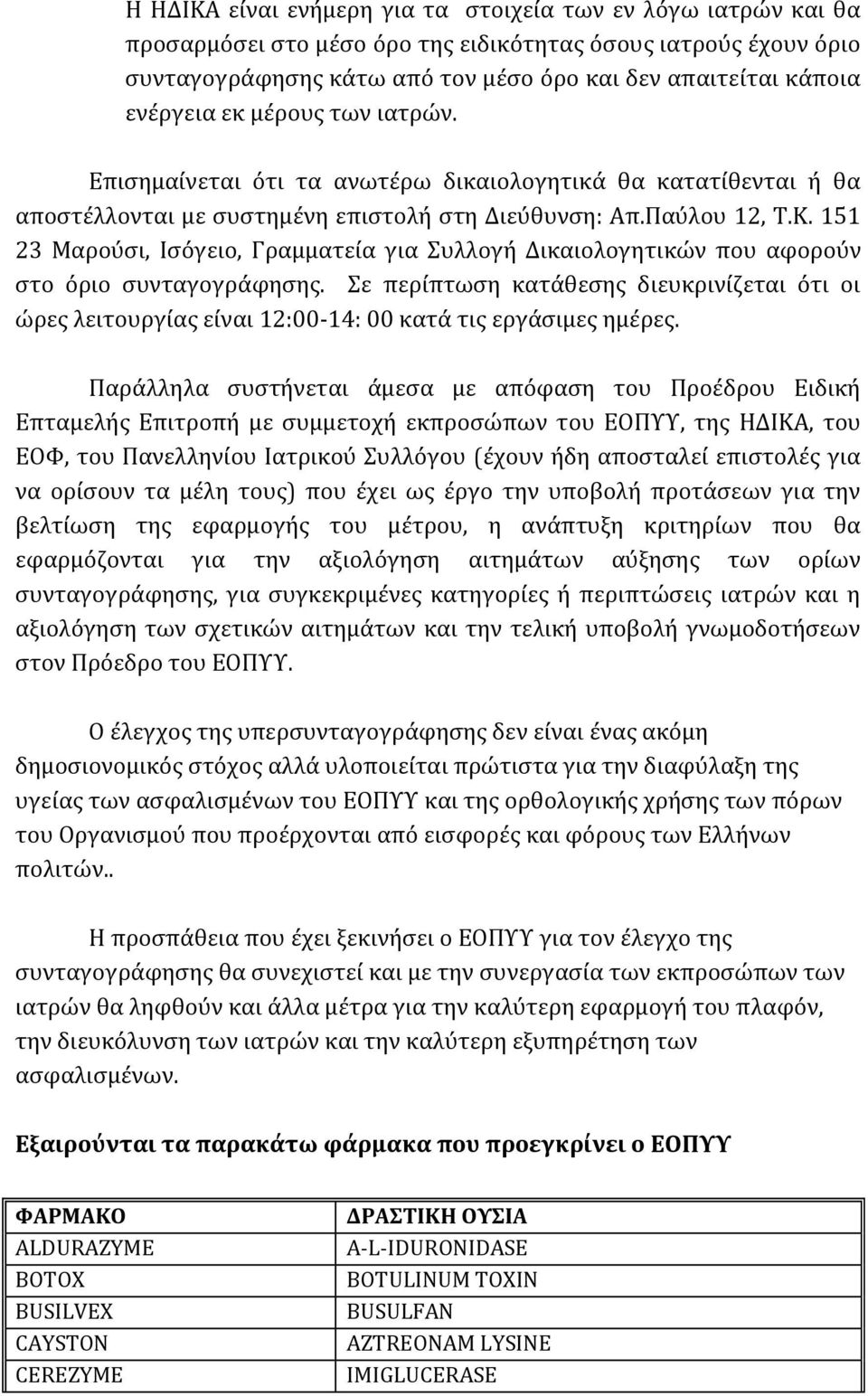 151 23 Μαρούσι, Ισόγειο, Γραμματεία για Συλλογή Δικαιολογητικών που αφορούν στο όριο συνταγογράφησης.