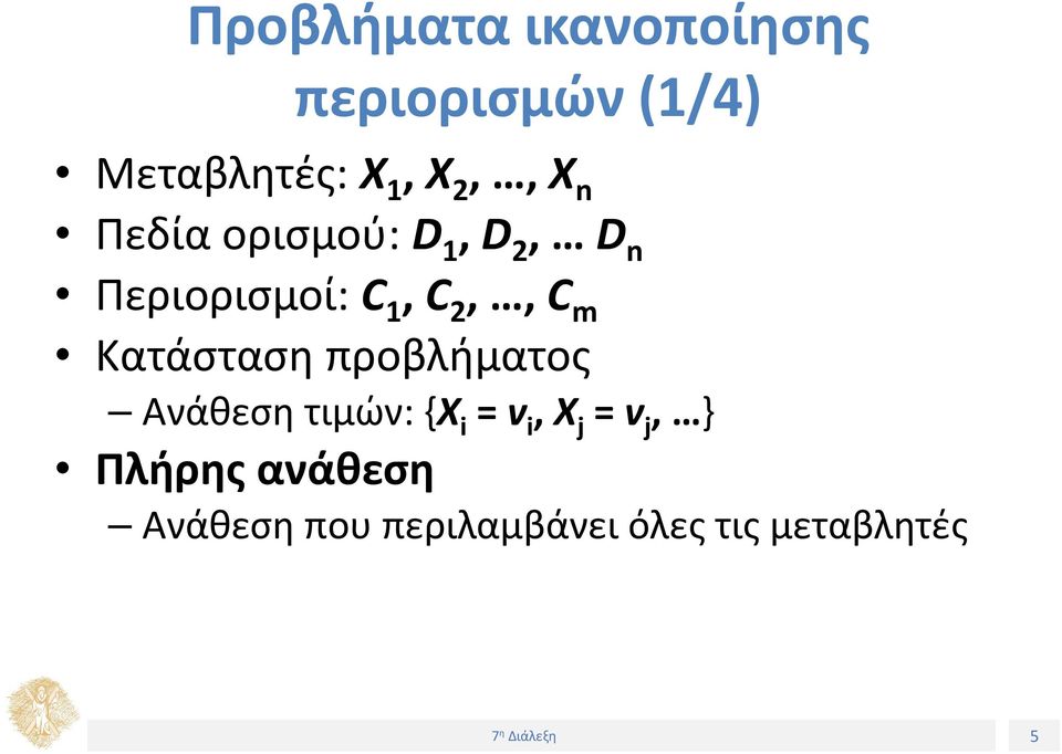 m Κατάσταση προβλήματος Ανάθεση τιμών: {X i = v i, X j = v j,