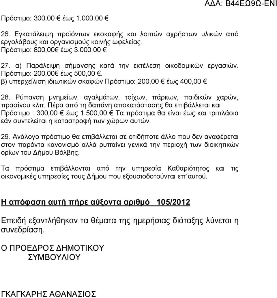 Ρύπανση μνημείων, αγαλμάτων, τοίχων, πάρκων, παιδικών χαρών, πρασίνου κλπ. Πέρα από τη δαπάνη αποκατάστασης θα επιβάλλεται και Πρόστιμο : 300,00 έως 1.