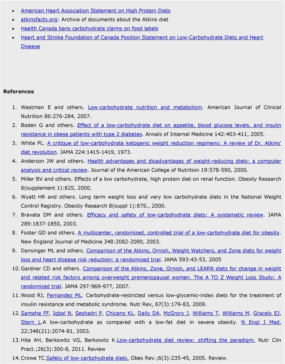 Disease References 1. Westman E and others. Low-carbohydrate nutrition and metabolism. American Journal of Clinical Nutrition 86:276-284, 2007. 2. Boden G and others.