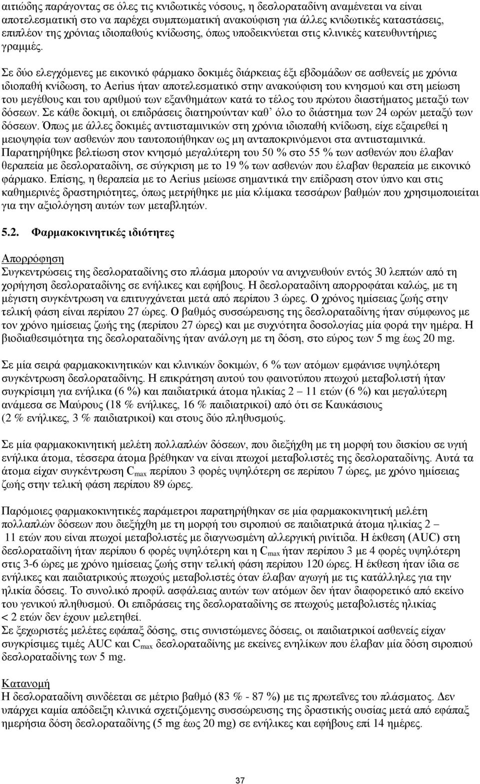 Σε δύο ελεγχόμενες με εικονικό φάρμακο δοκιμές διάρκειας έξι εβδομάδων σε ασθενείς με χρόνια ιδιοπαθή κνίδωση, το Aerius ήταν αποτελεσματικό στην ανακούφιση του κνησμού και στη μείωση του μεγέθους