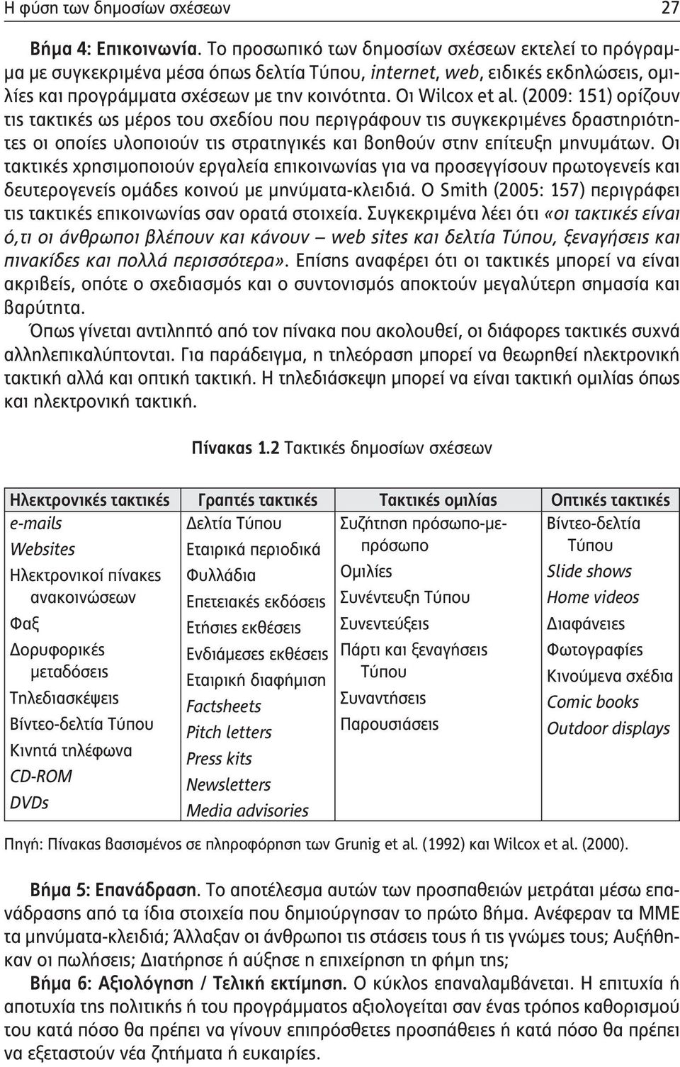 (2009: 151) ορίζουν τις τακτικές ως μέρος του σχεδίου που περιγράφουν τις συγκεκριμένες δραστηριότητες οι οποίες υλοποιούν τις στρατηγικές και βοηθούν στην επίτευξη μηνυμάτων.