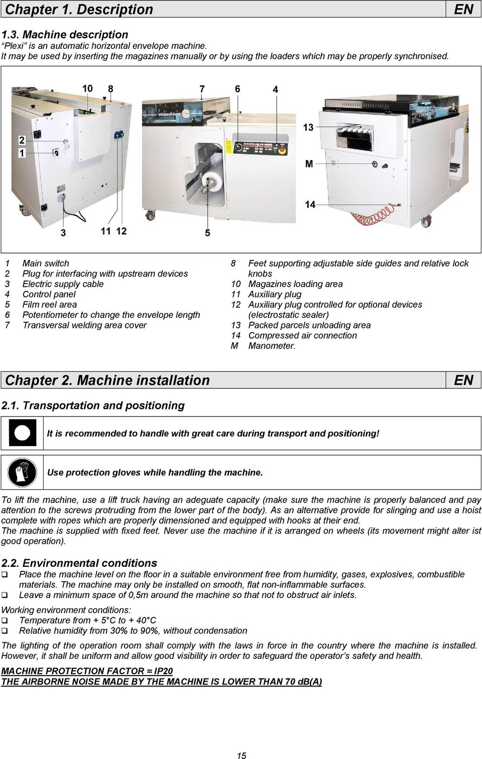 1 Main switch 2 Plug for interfacing with upstream devices 3 Electric supply cable 4 Control panel 5 Film reel area 6 Potentiometer to change the envelope length 7 Transversal welding area cover 8