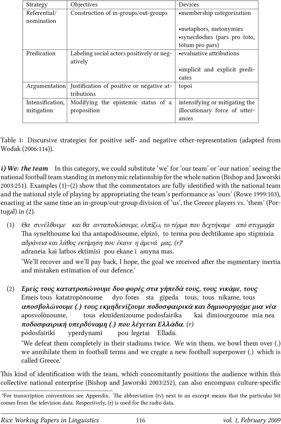 mitigation Modifying the epistemic status of a proposition intensifying or mitigating the illocutionary force of u erances Table 1: Discursive strategies for positive self- and negative